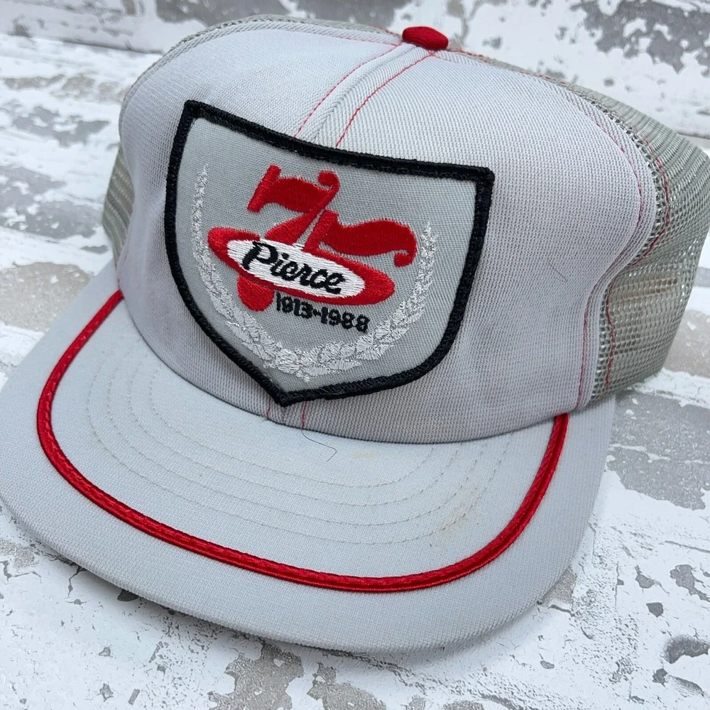 Vintage‎ Pierce Trucker Hat Cap Gray Red Stripe Patch 80s Made In USA Foods Snap
